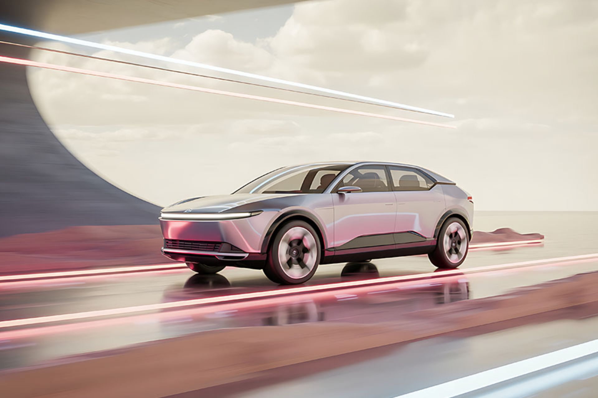 Auto vor bewölktem Hintergrund auf spiegelnder futuristischer Straße
